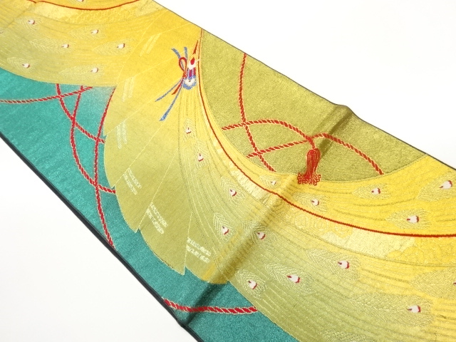 JAPANESE KIMONO / FUKURO OBI / SILK / WOVEN ABSTRACT FOLDING FAN & PEACOCK FEATHER & CLASSICAL PATTERN